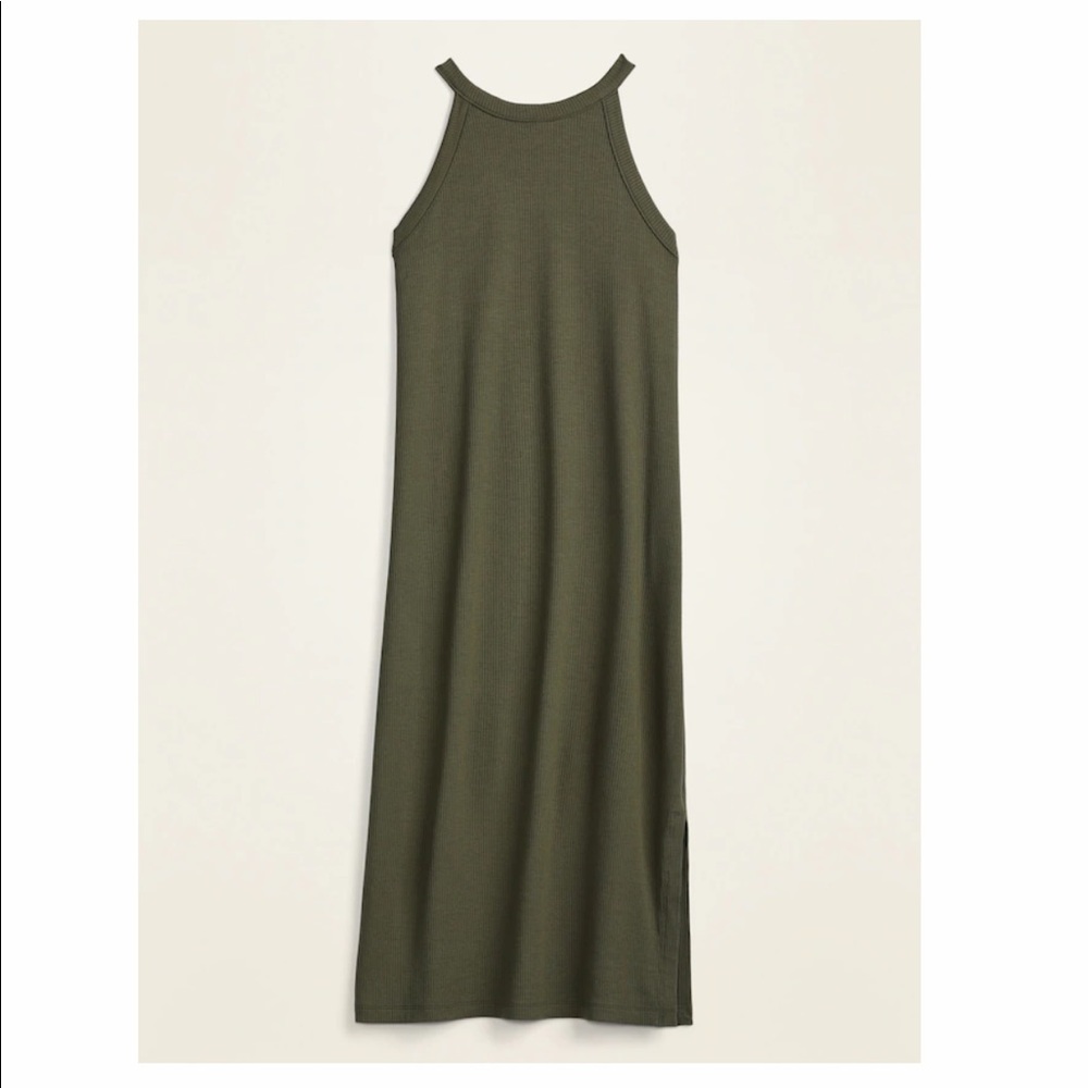 Fitted High-Neck Rib-Knit Sleeveless Midi Dress